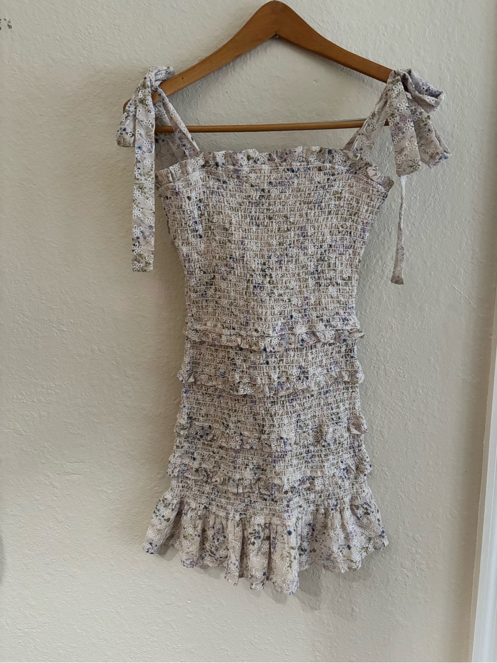 Storia Smocked Floral Tie-Shoulder Mini Dress - Ivory- Cottage- Boho
